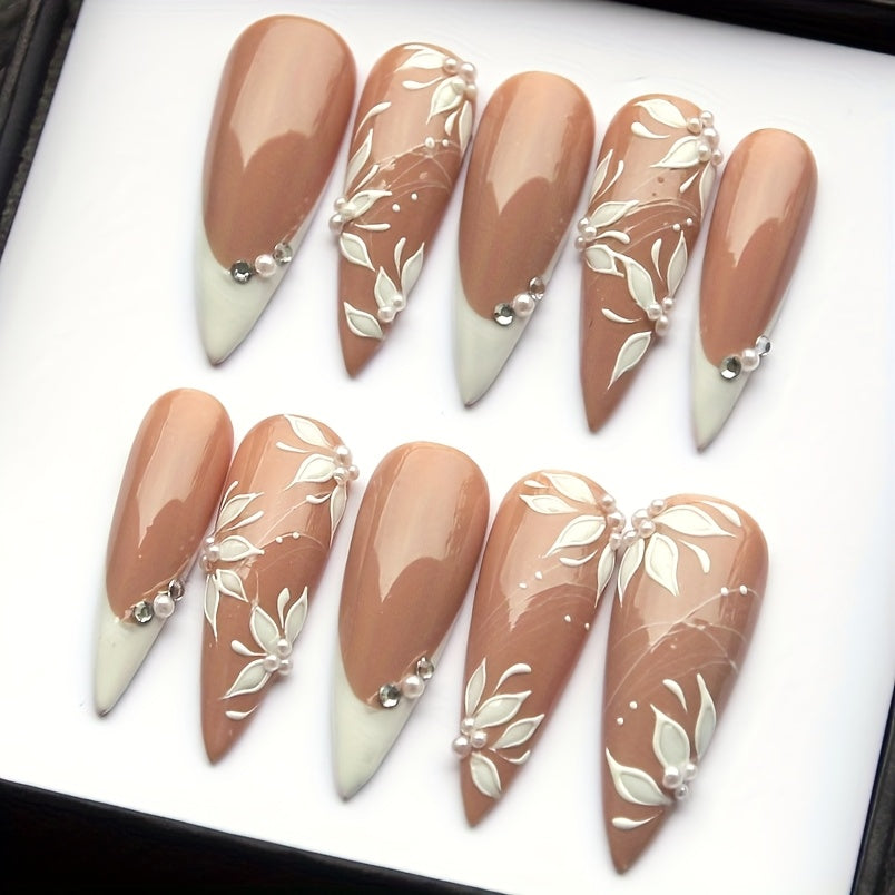 10pcs Set of Pure Handmade Wearable Nails That Can Be Reused Multiple Times, Elegant White Nude Color French Nail Art