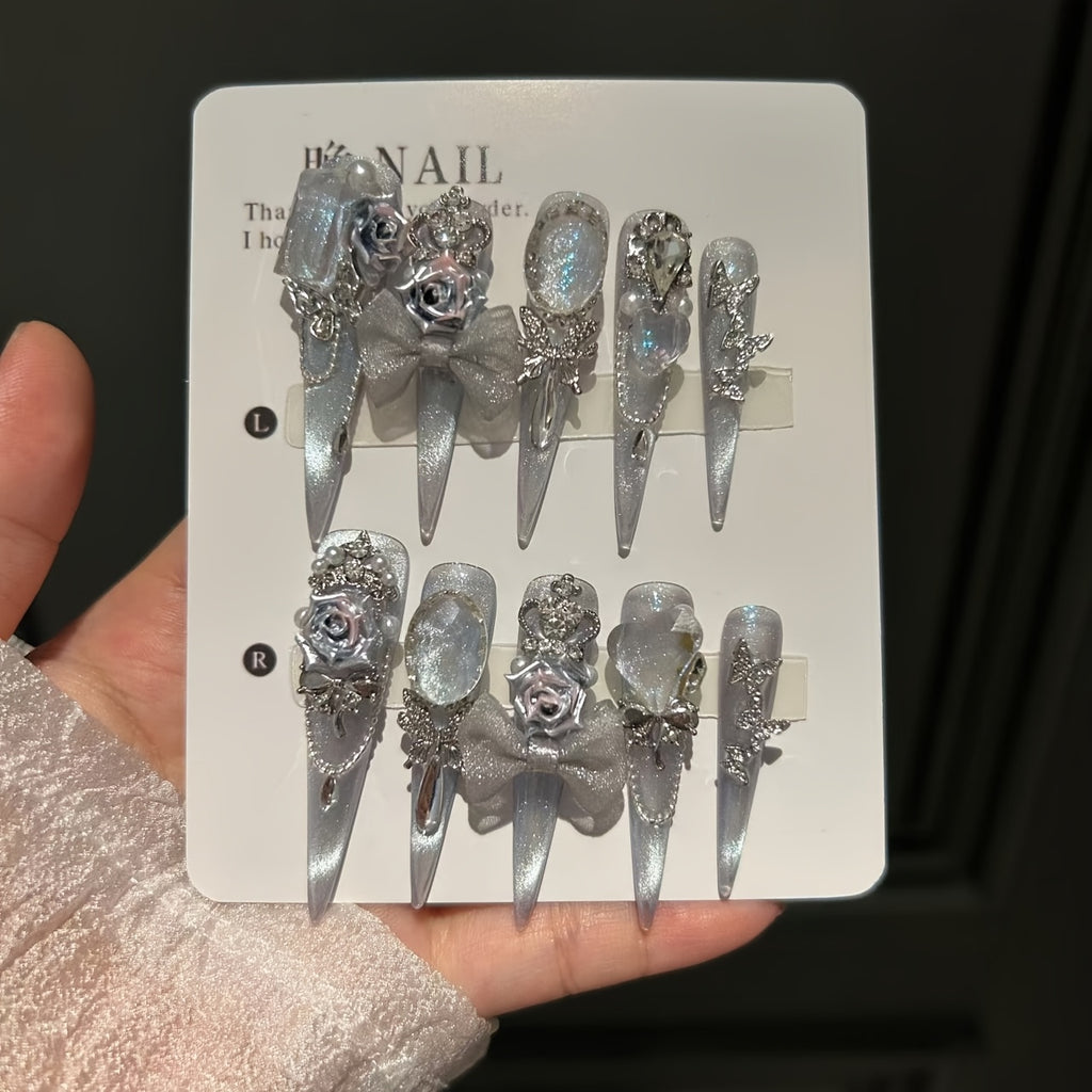 10pcs Elegant White Moon & Rose Rhinestone Bowknot Long Stiletto Press-On Nails - Sparkling Synthetic Gemstones