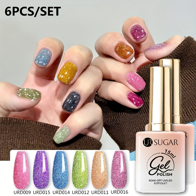 0.51oz UR SUGAR 6pcs Glitter Gel Nail Polish Set - Chunky Glitter Polygel with Iridescent Shimmer, Summer Neon Ice Cream Colors