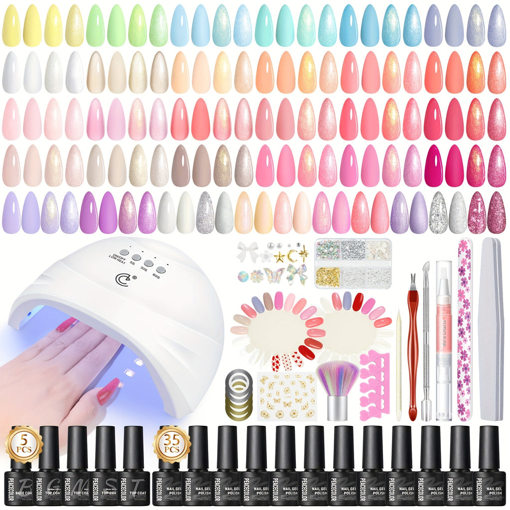 Peacecolor Gel Nail Polish Kit with Nail Dryer Lamp Nail Gel 70pcs Macaron Colors Yellow Purple Glitter Nail Gel Polish with 5pcs Glitter
