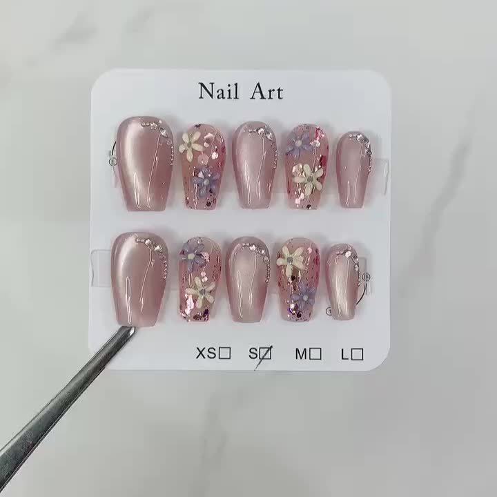 10pcs Soft Nude Pink Pure Handmade Wearable Nails with Freshly Painted 3D Floral Rhinestone Cat Eye Nail Stickers