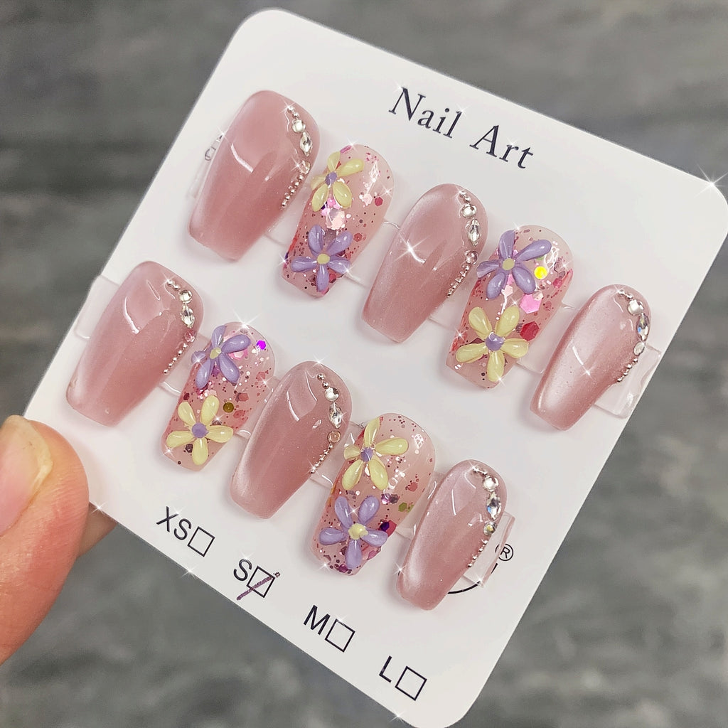 10pcs Soft Nude Pink Pure Handmade Wearable Nails with Freshly Painted 3D Floral Rhinestone Cat Eye Nail Stickers