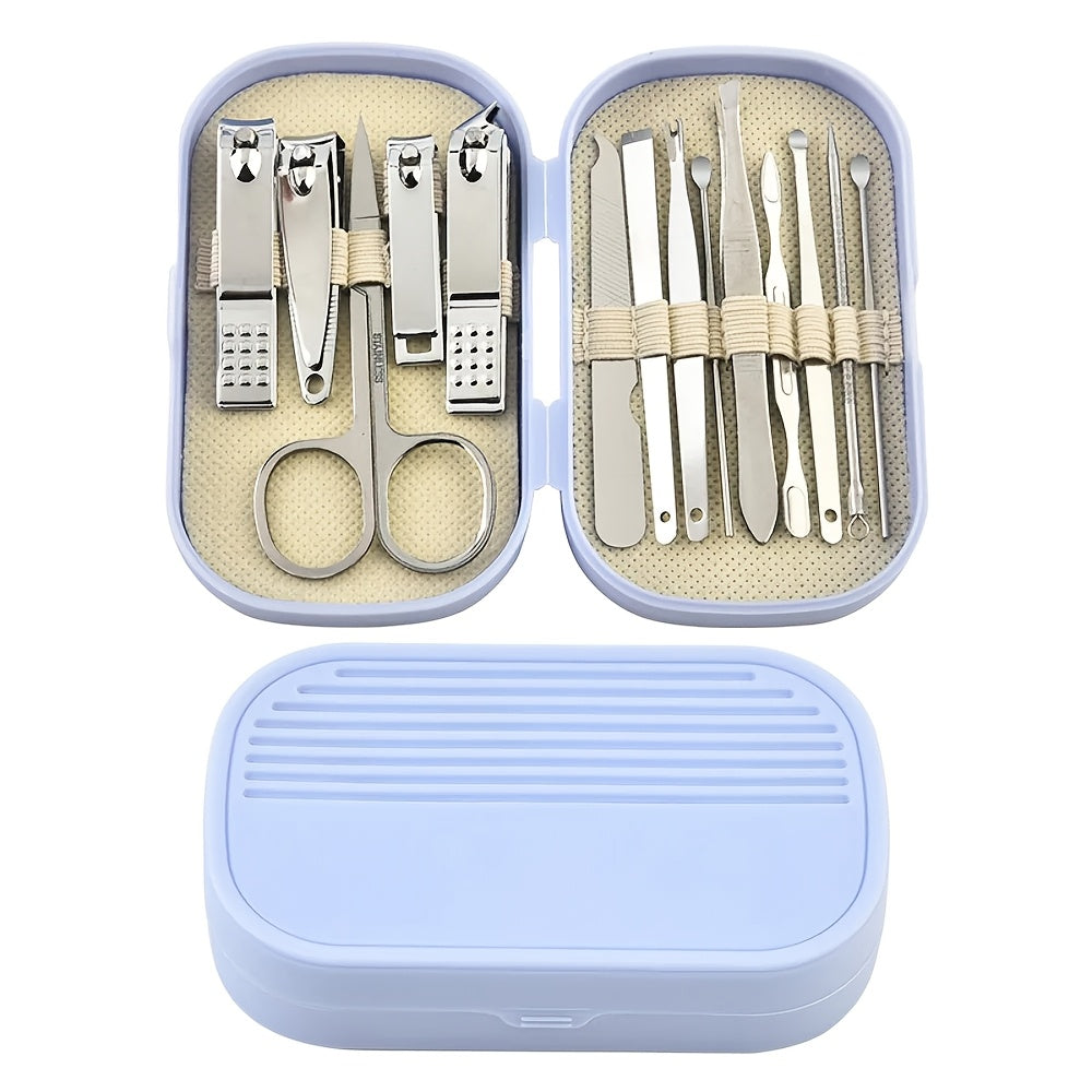 14pcs Deluxe Manicure & Pedicure Set Pink And Blue Stainless Steel Nail Scissors Clippers Ear Digging Spoon Travel Kit Nail Art
