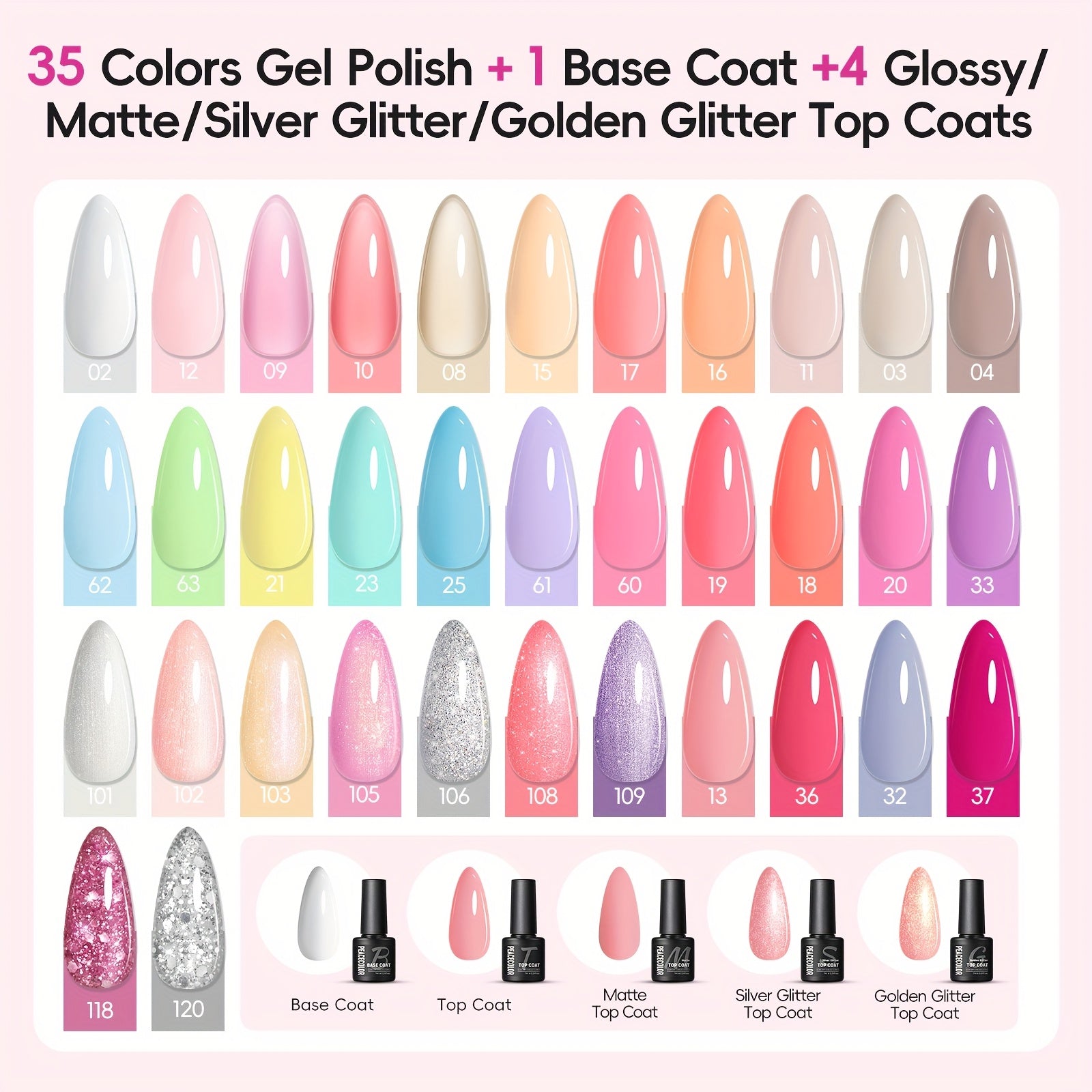 Peacecolor Gel Nail Polish Kit with Nail Dryer Lamp Nail Gel 70pcs Macaron Colors Yellow Purple Glitter Nail Gel Polish with 5pcs Glitter