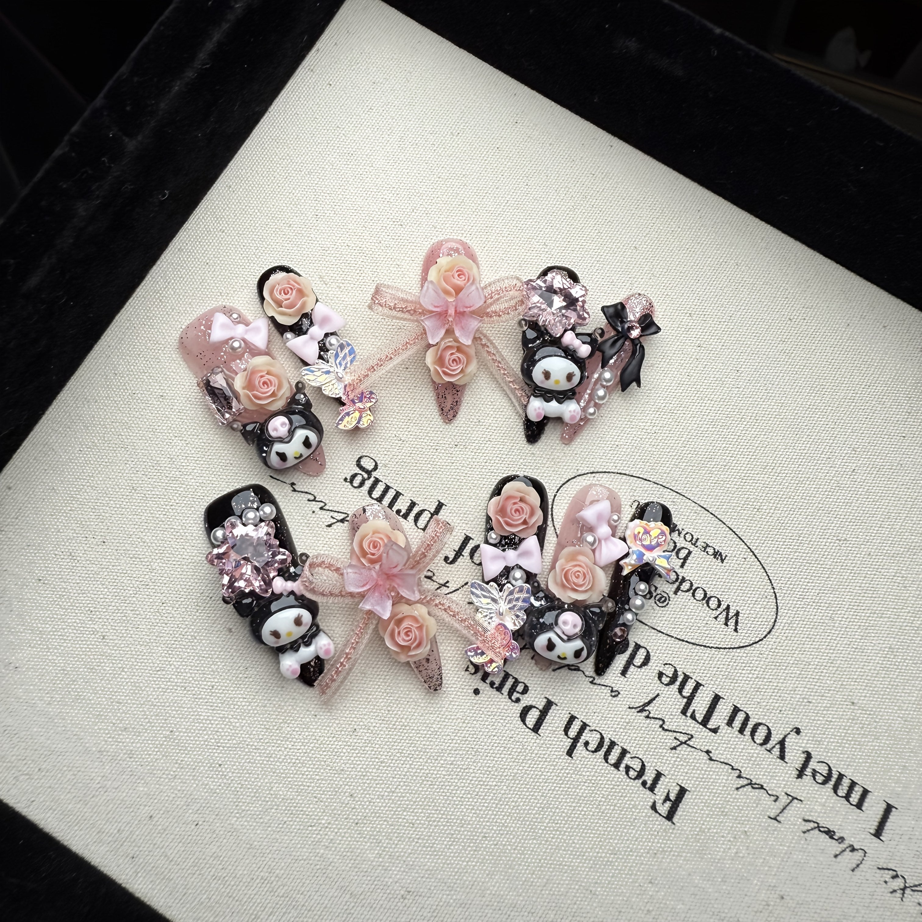 Sanrio for kuromi Long Press-On Nails - 10pcs Almond Shape Glossy Black & Pink Floral & Cartoon Design with Rose Bows