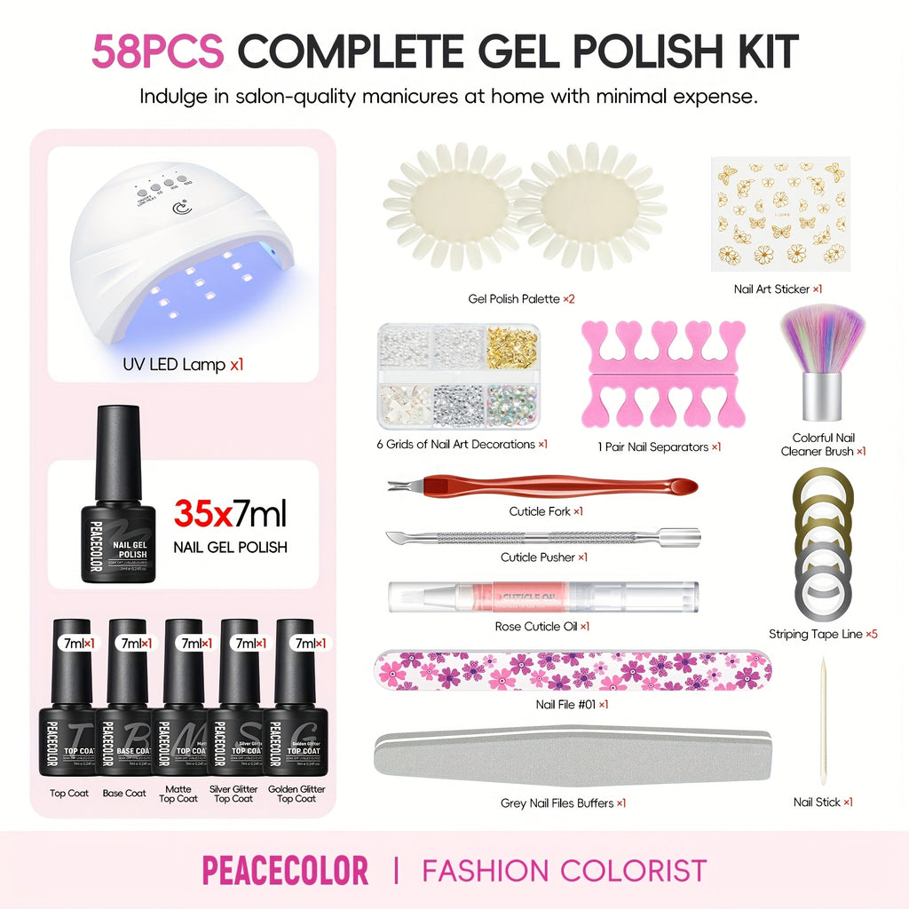 Peacecolor Gel Nail Polish Kit with Nail Dryer Lamp Nail Gel 70pcs Macaron Colors Yellow Purple Glitter Nail Gel Polish with 5pcs Glitter