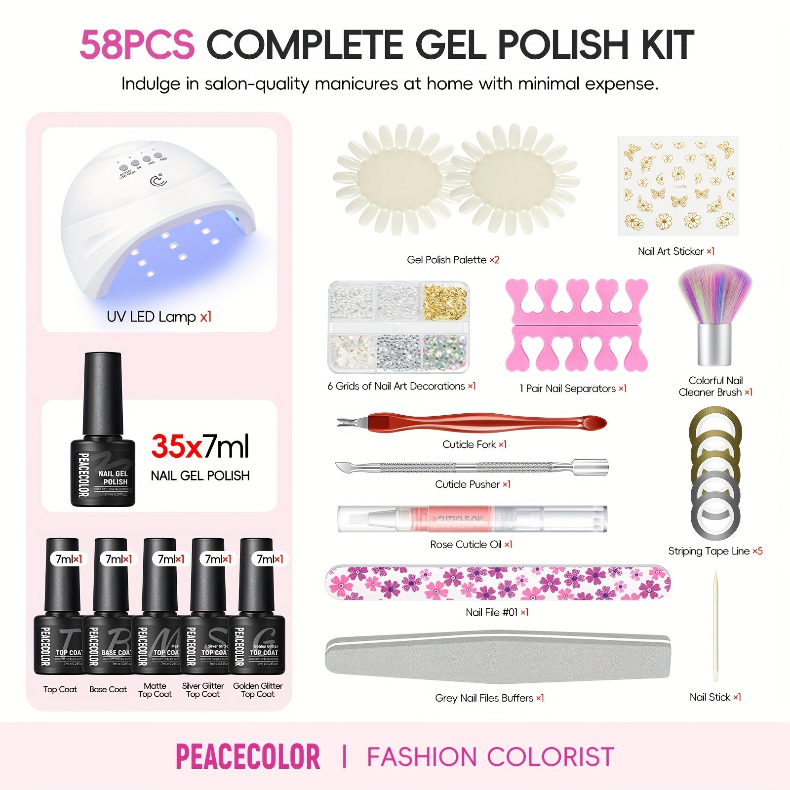 Peacecolor Gel Nail Polish Kit with Nail Dryer Lamp Nail Gel 70pcs Macaron Colors Yellow Purple Glitter Nail Gel Polish with 5pcs Glitter