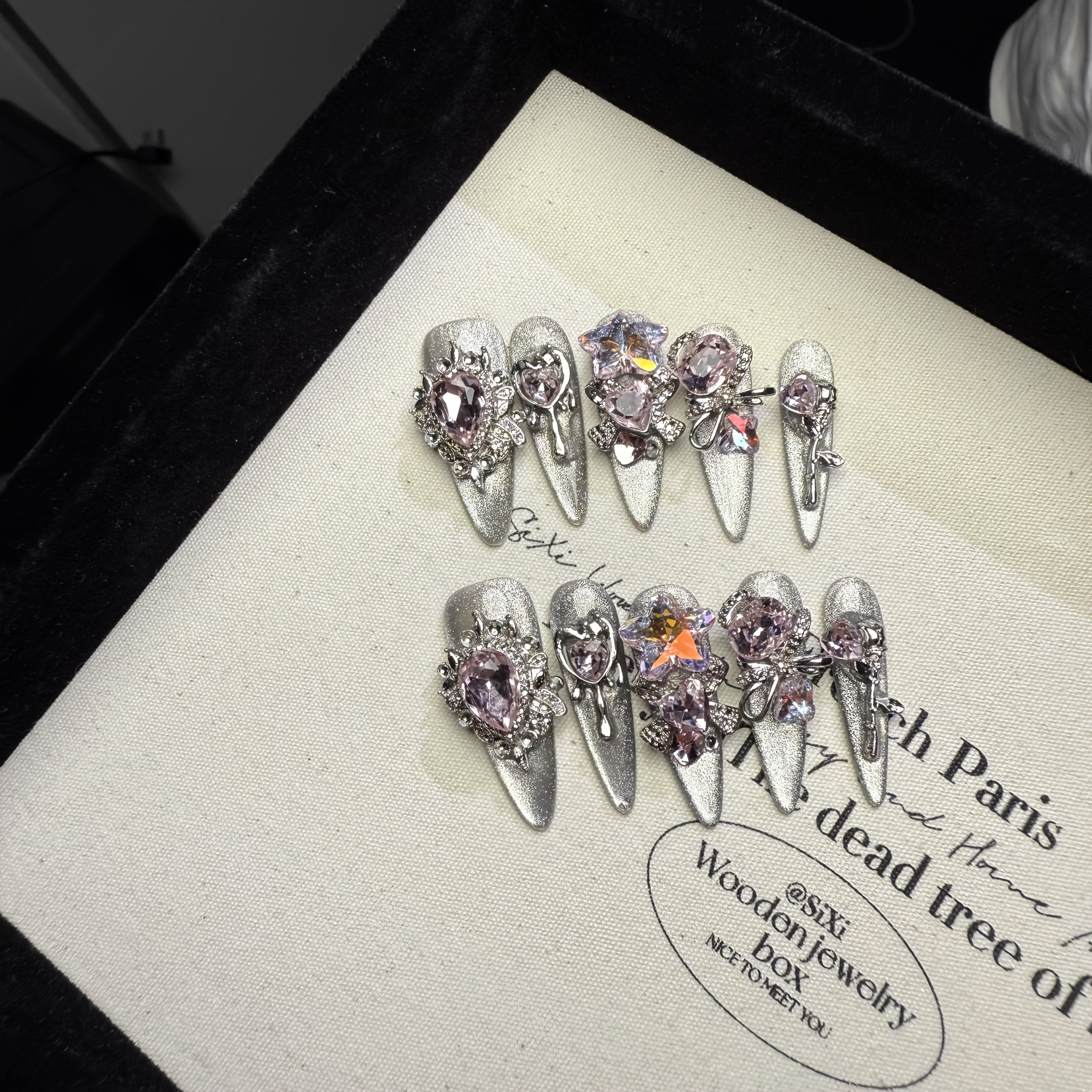 A Set of 10 High-End, Transparent Black And Silvery Cat-Eye Long Nail Tips Made with Pure Handcraft