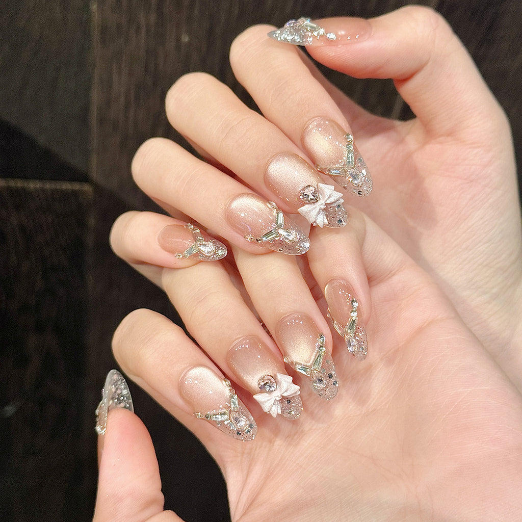 10pcs Handmade False Nail Set 90# Princess Dress Up Bow Diamond Cat'S Eye Shiny Nail Art Medium Oval Cat'S Eye Simple Wearable Nail Art Set Removable Nail Art