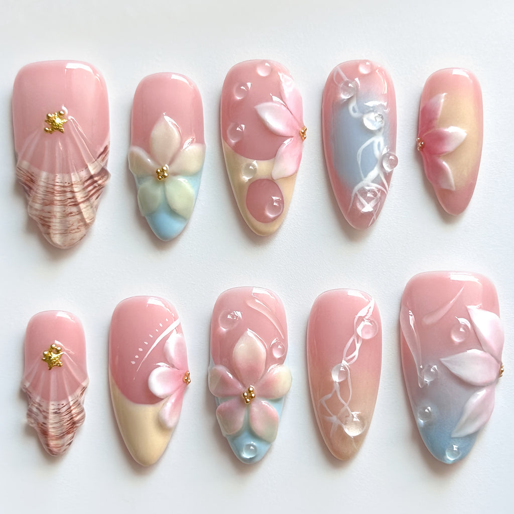 10pcs 3D Handmade Press On Nails Almond Shape - Summer Vacation Floral Design with Pink & Blue Ombre Glossy Finish