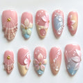 10pcs 3D Handmade Press On Nails Almond Shape - Summer Vacation Floral Design with Pink & Blue Ombre Glossy Finish