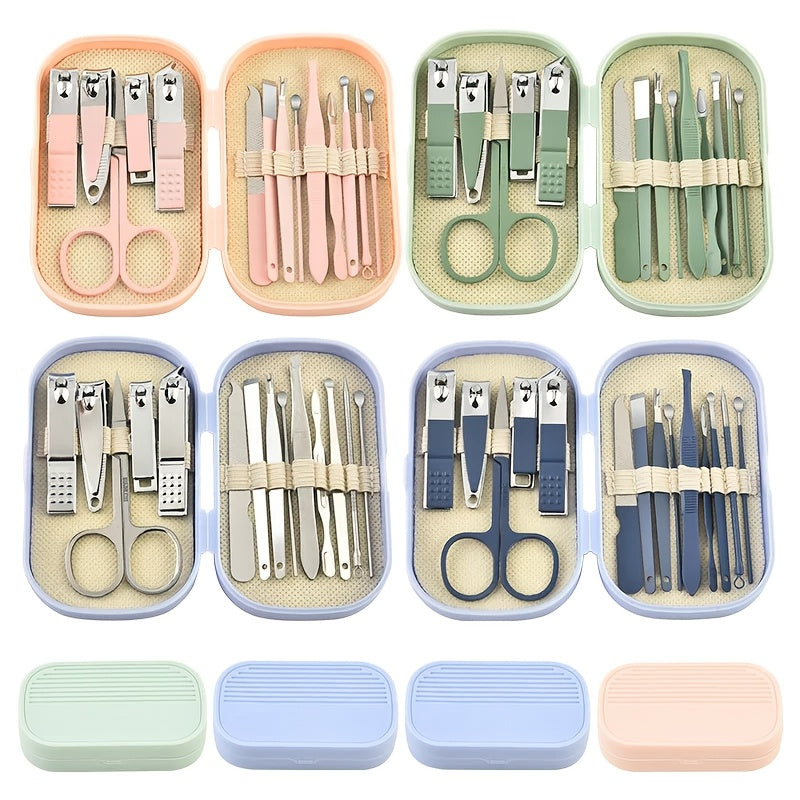 14pcs Deluxe Manicure & Pedicure Set Pink And Blue Stainless Steel Nail Scissors Clippers Ear Digging Spoon Travel Kit Nail Art