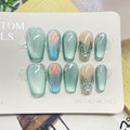 10-Piece Set Short Ballet Press On Nails in Green Tone with Aurora Mermaid Holographic Effect and Pearl Embellishments