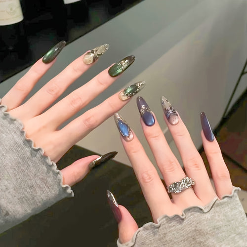 10pcs Handmade 3D Embossed Golden Butterfly Press-On Nails - Long Oval Glossy Acrylic Fake Nails with Green & Blue Accents