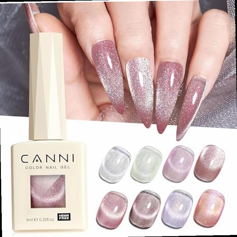 CANNI 8 Pcs 9 ML Cat Eye Gel Nail Polish Set Pink Green Purple Silver Glitter Rainbow Holographic Cat Eye Gel Polish Kit with Magnet Shimmer Colors Nail Art Manicure Salon DIY Gifts