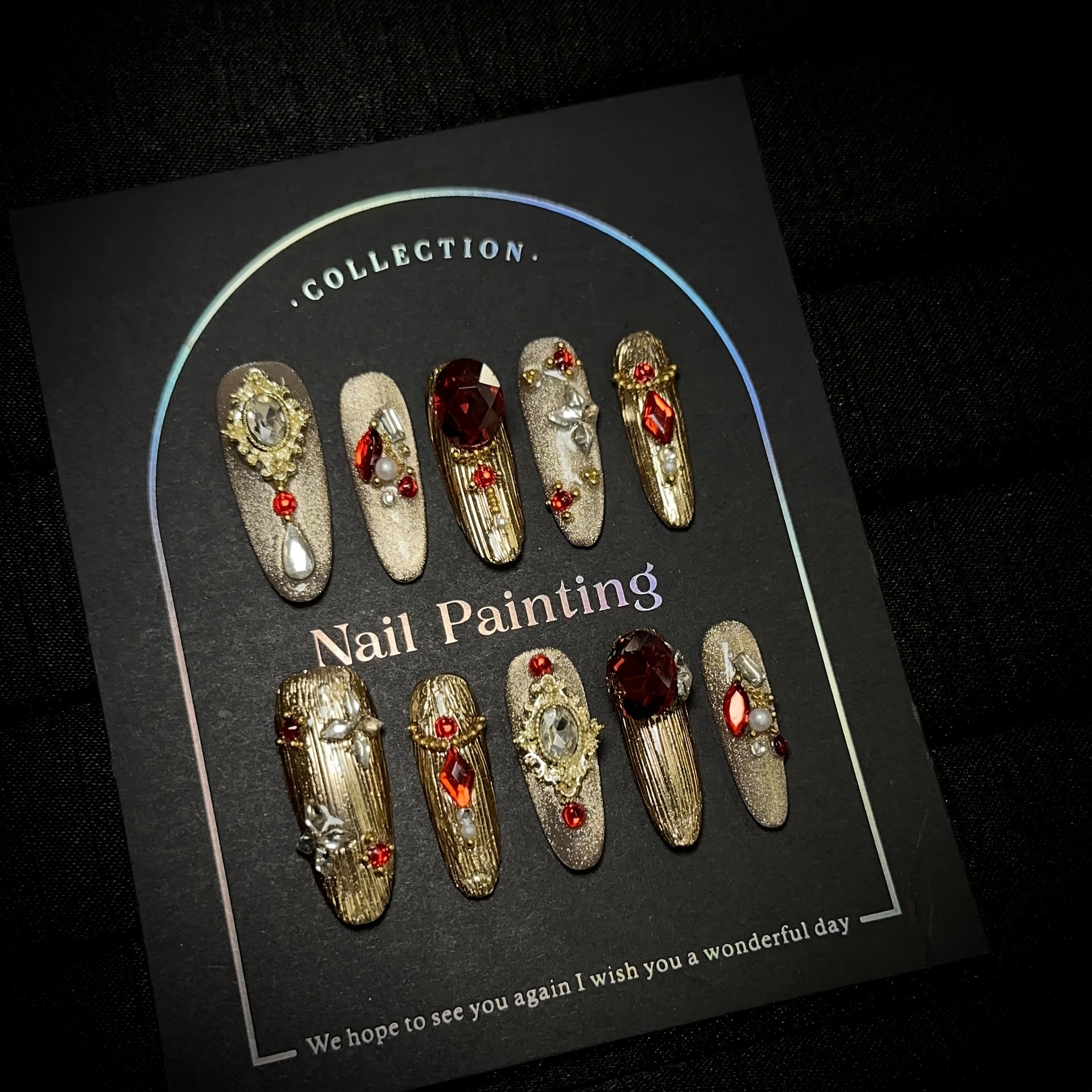 10pcsHandmade Wearing Armor, Golden Cat Eye Heavy Industry, Red Sparkling Glitter Nail Art