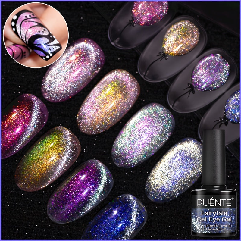 PUENTE 6pcs Fairytale Cat Magnetic Gel Nail Polish with Base Top Coat & Magnet Set, Sparking Aurora Glitter Cat Eye Nail Gel