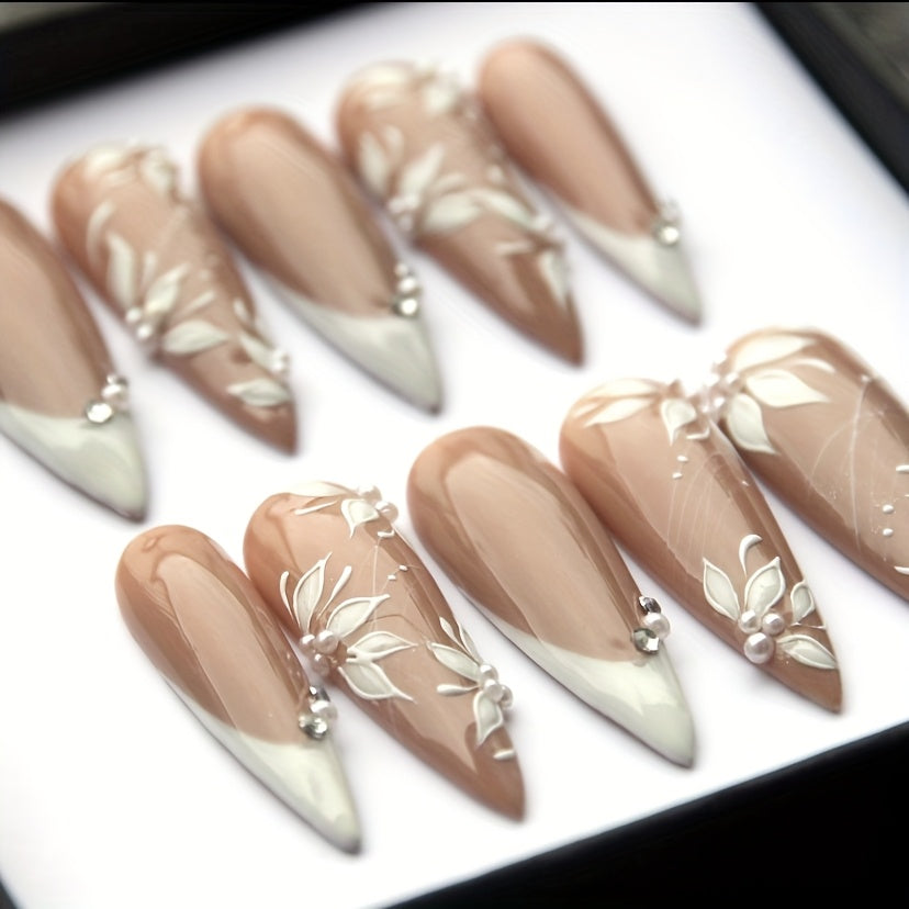 10pcs Set of Pure Handmade Wearable Nails That Can Be Reused Multiple Times, Elegant White Nude Color French Nail Art