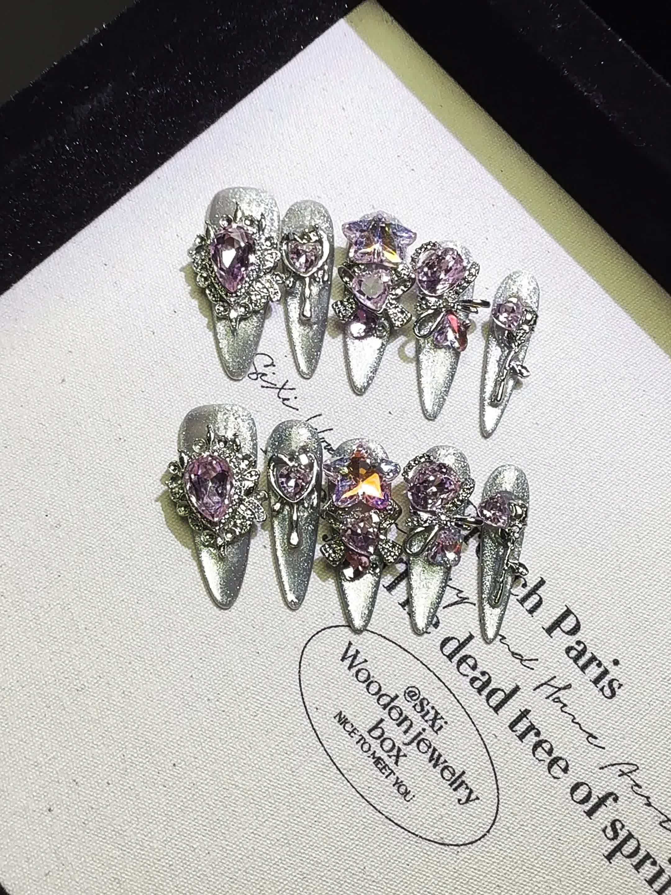 A Set of 10 High-End, Transparent Black And Silvery Cat-Eye Long Nail Tips Made with Pure Handcraft