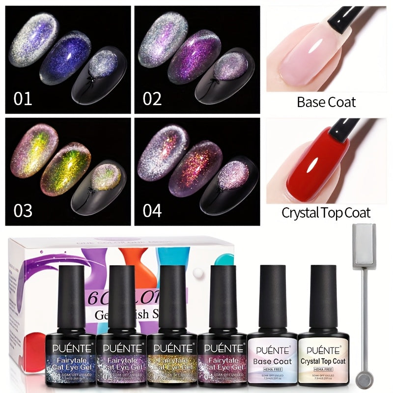 PUENTE 6pcs Fairytale Cat Magnetic Gel Nail Polish with Base Top Coat & Magnet Set, Sparking Aurora Glitter Cat Eye Nail Gel