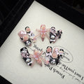 Sanrio for kuromi Long Press-On Nails - 10pcs Almond Shape Glossy Black & Pink Floral & Cartoon Design with Rose Bows
