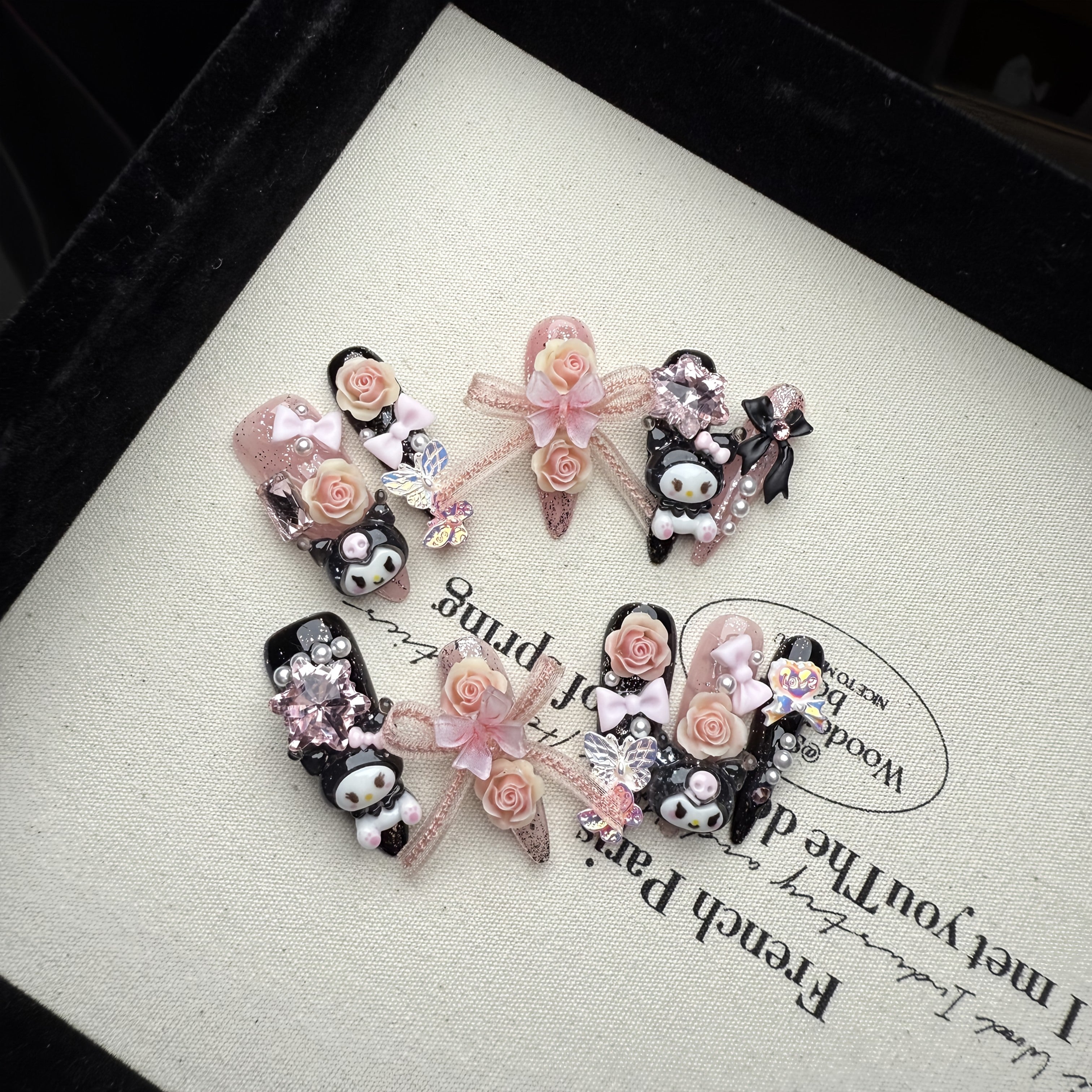 Sanrio for kuromi Long Press-On Nails - 10pcs Almond Shape Glossy Black & Pink Floral & Cartoon Design with Rose Bows