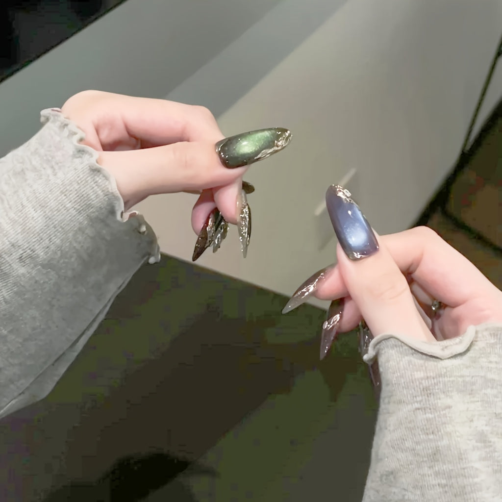 10pcs Handmade 3D Embossed Golden Butterfly Press-On Nails - Long Oval Glossy Acrylic Fake Nails with Green & Blue Accents