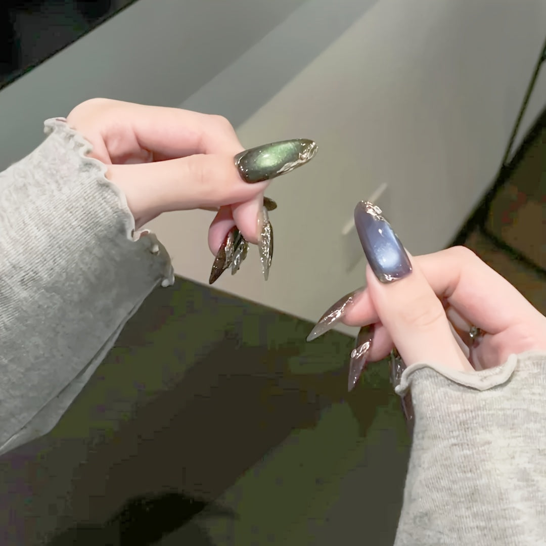 10pcs Handmade 3D Embossed Golden Butterfly Press-On Nails - Long Oval Glossy Acrylic Fake Nails with Green & Blue Accents