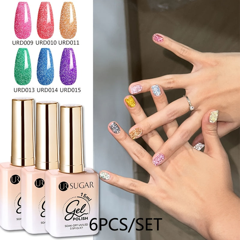 0.51oz UR SUGAR 6pcs Glitter Gel Nail Polish Set - Chunky Glitter Polygel with Iridescent Shimmer, Summer Neon Ice Cream Colors