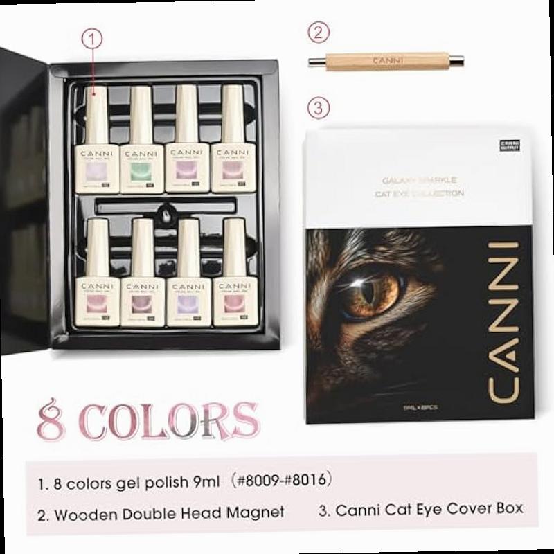 CANNI 8 Pcs 9 ML Cat Eye Gel Nail Polish Set Pink Green Purple Silver Glitter Rainbow Holographic Cat Eye Gel Polish Kit with Magnet Shimmer Colors Nail Art Manicure Salon DIY Gifts