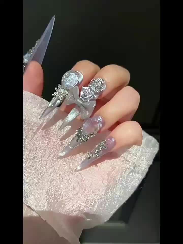 10pcs Elegant White Moon & Rose Rhinestone Bowknot Long Stiletto Press-On Nails - Sparkling Synthetic Gemstones