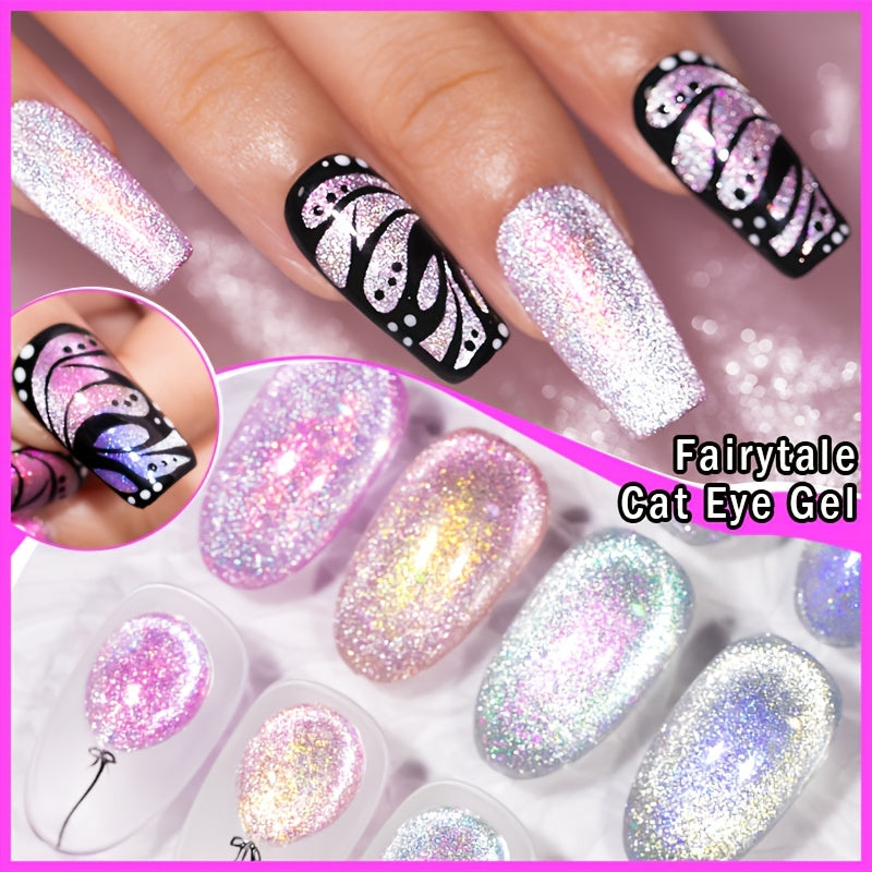 PUENTE 6pcs Fairytale Cat Magnetic Gel Nail Polish with Base Top Coat & Magnet Set, Sparking Aurora Glitter Cat Eye Nail Gel