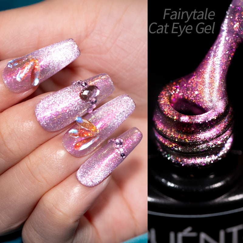 PUENTE 6pcs Fairytale Cat Magnetic Gel Nail Polish with Base Top Coat & Magnet Set, Sparking Aurora Glitter Cat Eye Nail Gel