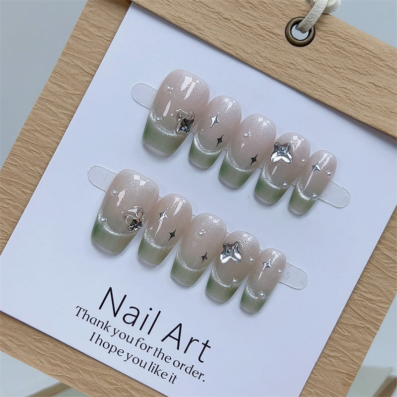 Handmade Press-On Nails - Butterfly Dance Design, Short Ballet Shape with Glossy Pink & White Glitter Accents