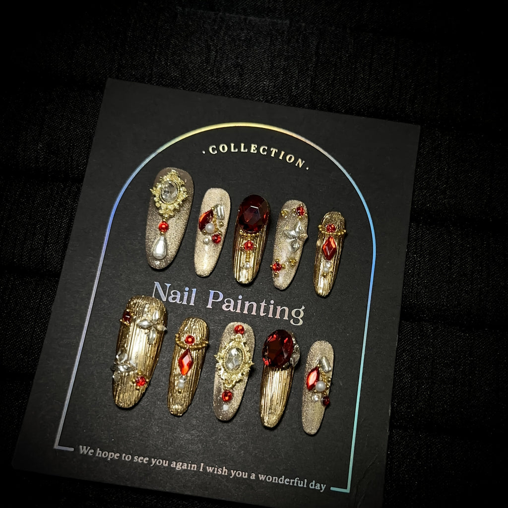 10pcsHandmade Wearing Armor, Golden Cat Eye Heavy Industry, Red Sparkling Glitter Nail Art