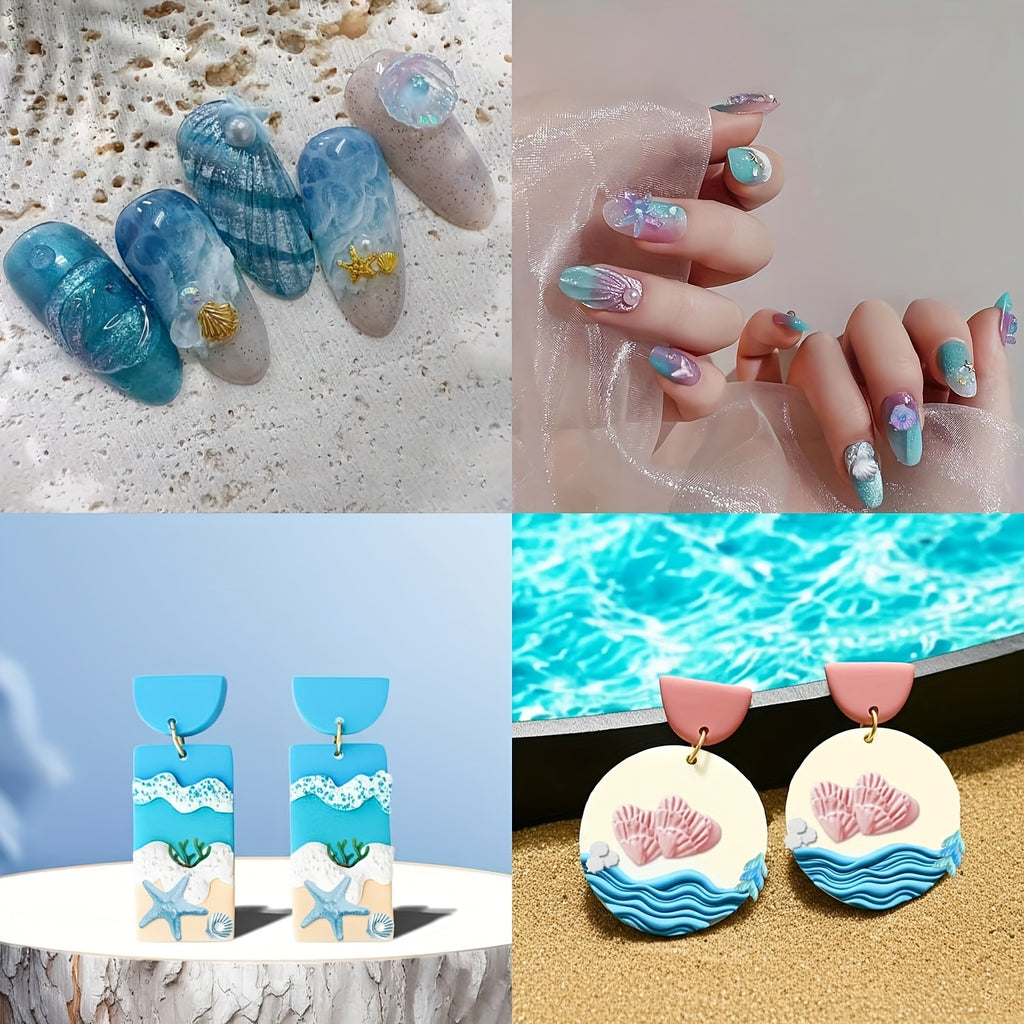 6pcs 3D Nail Art Molds, Clear Ocean Silicone Nail Molds Art Silicone Mold with 103 Sea Charm Resin Seahorse Template Mould