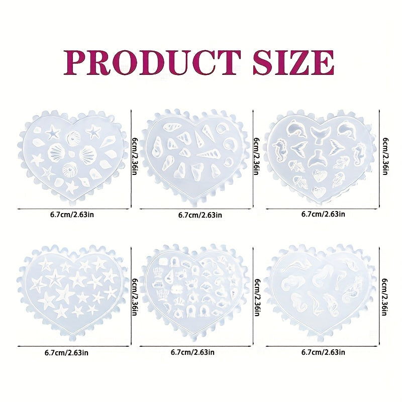 6pcs 3D Nail Art Molds, Clear Ocean Silicone Nail Molds Art Silicone Mold with 103 Sea Charm Resin Seahorse Template Mould