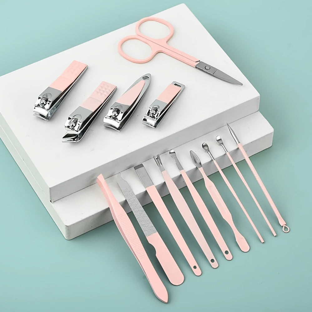 14pcs Luxury Travel-Friendly Manicure & Pedicure Kit with Pink & Blue Stainless Steel Nail Clippers, Ear Scissors