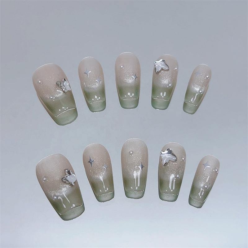 Handmade Press-On Nails - Butterfly Dance Design, Short Ballet Shape with Glossy Pink & White Glitter Accents
