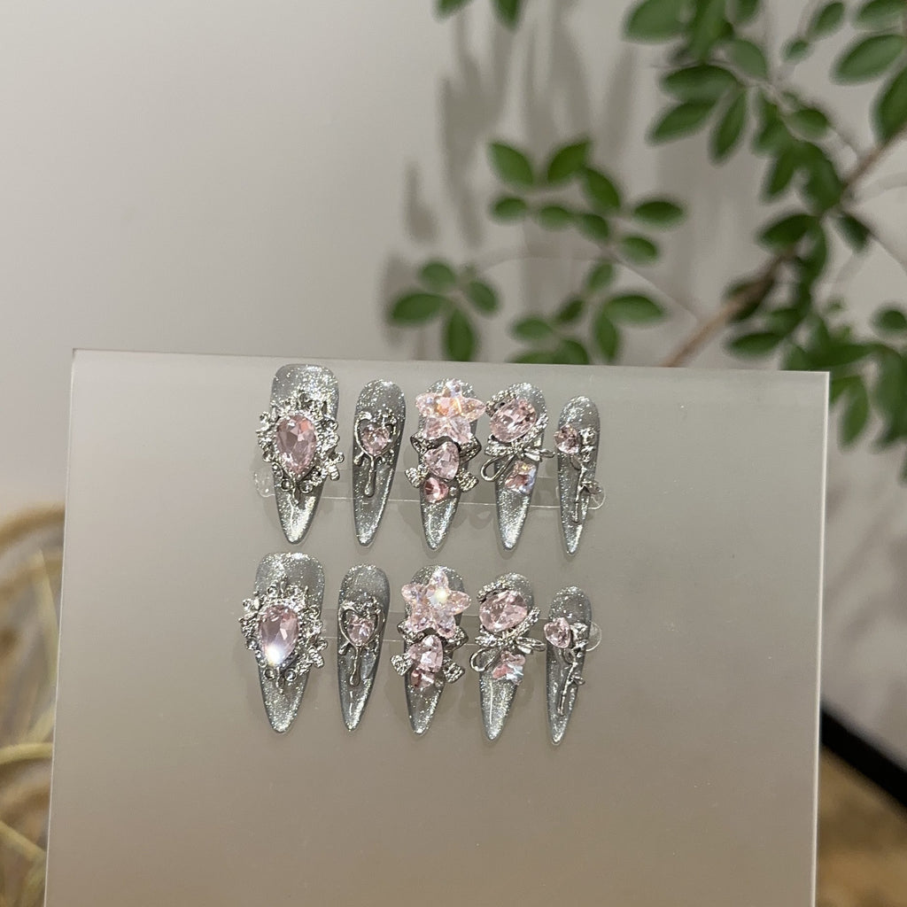 A Set of 10 High-End, Transparent Black And Silvery Cat-Eye Long Nail Tips Made with Pure Handcraft