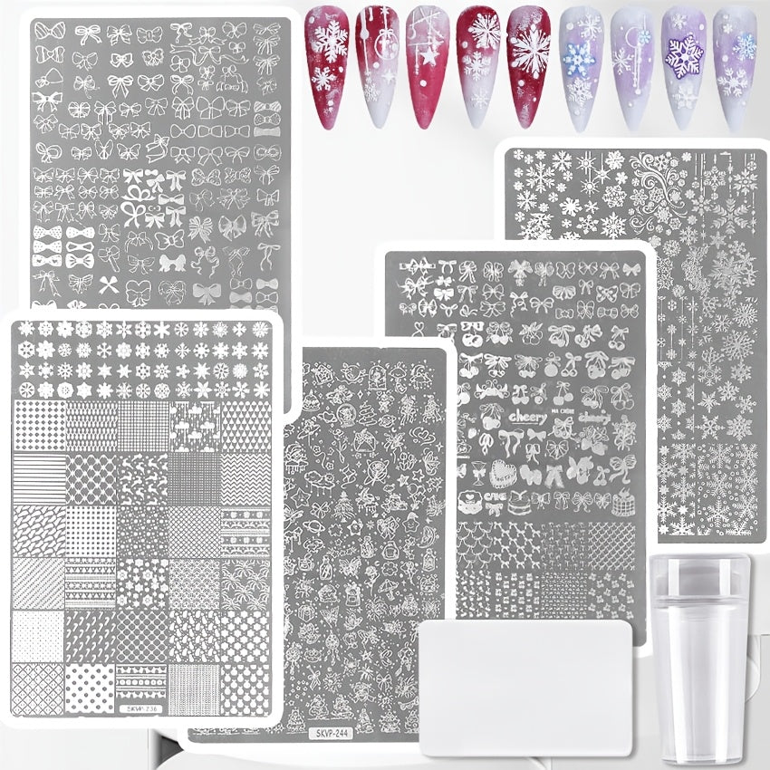 5pcs Nail Art Stencil Set with Stamps - Christmas-Themed Designs (Snowflakes, Stars, Hearts) for DIY Manicure