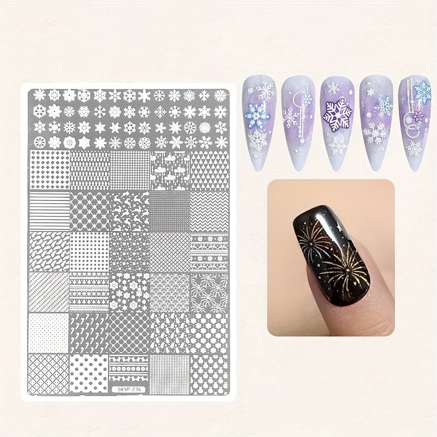 5pcs Nail Art Stencil Set with Stamps - Christmas-Themed Designs (Snowflakes, Stars, Hearts) for DIY Manicure