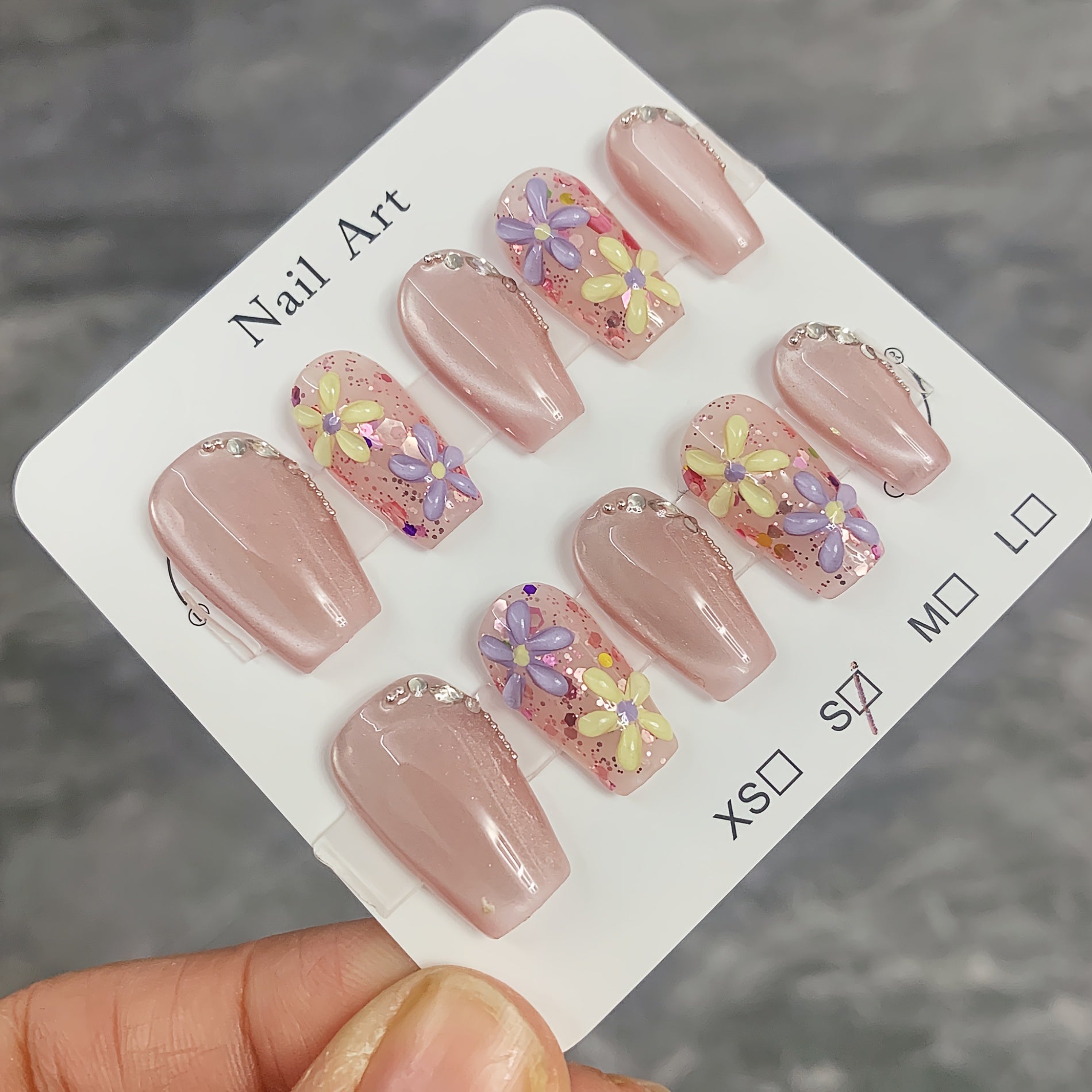 10pcs Soft Nude Pink Pure Handmade Wearable Nails with Freshly Painted 3D Floral Rhinestone Cat Eye Nail Stickers