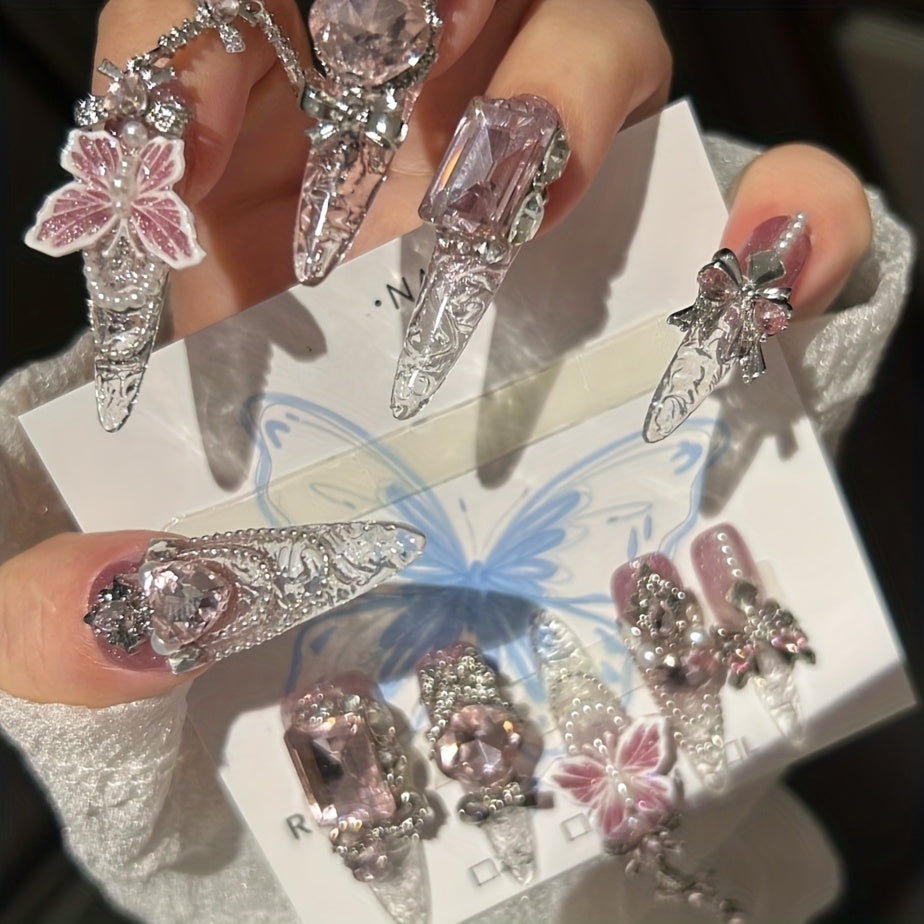 Butterfly Press-On Nails 10pcs Super Long Handmade Press-On Nails | Teardrop Shape, Strobe Finish with Sparkling Butterfly & Floral Patterns