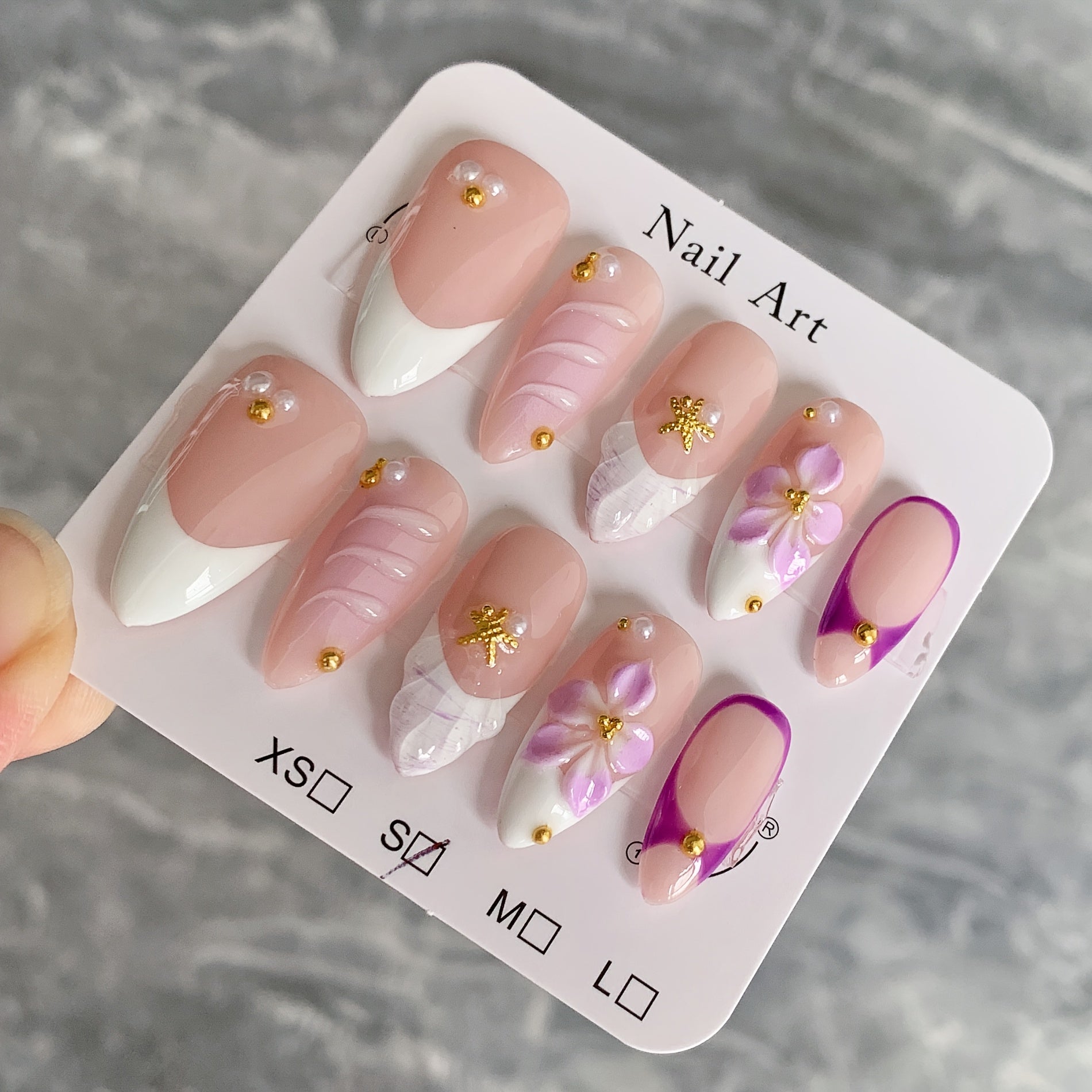 10pcs Temperament Purple Carved Pure Hand Wearable Nail Painted Shell Pattern Nail Patches, Reusable