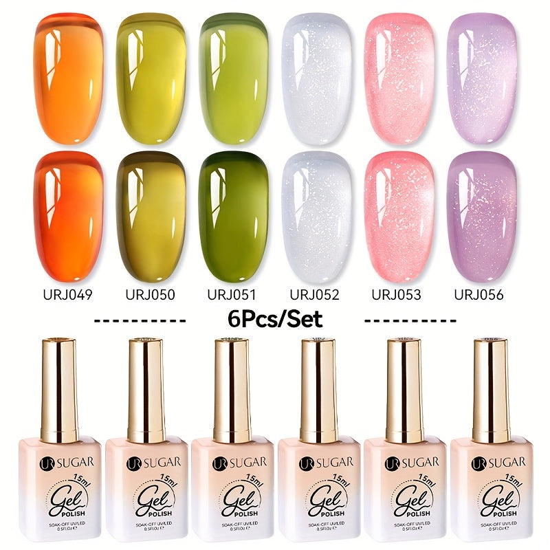 URSUGAR Nude 6-Color Gel Nail Polish Set Alcohol-Free Shimmering Clear Jelly Gel for Manicure DIY Design Perfect for Holiday Gift Nail Art Supplies Nude Nail Polish Jelly Gel Texture Nail Polish Set