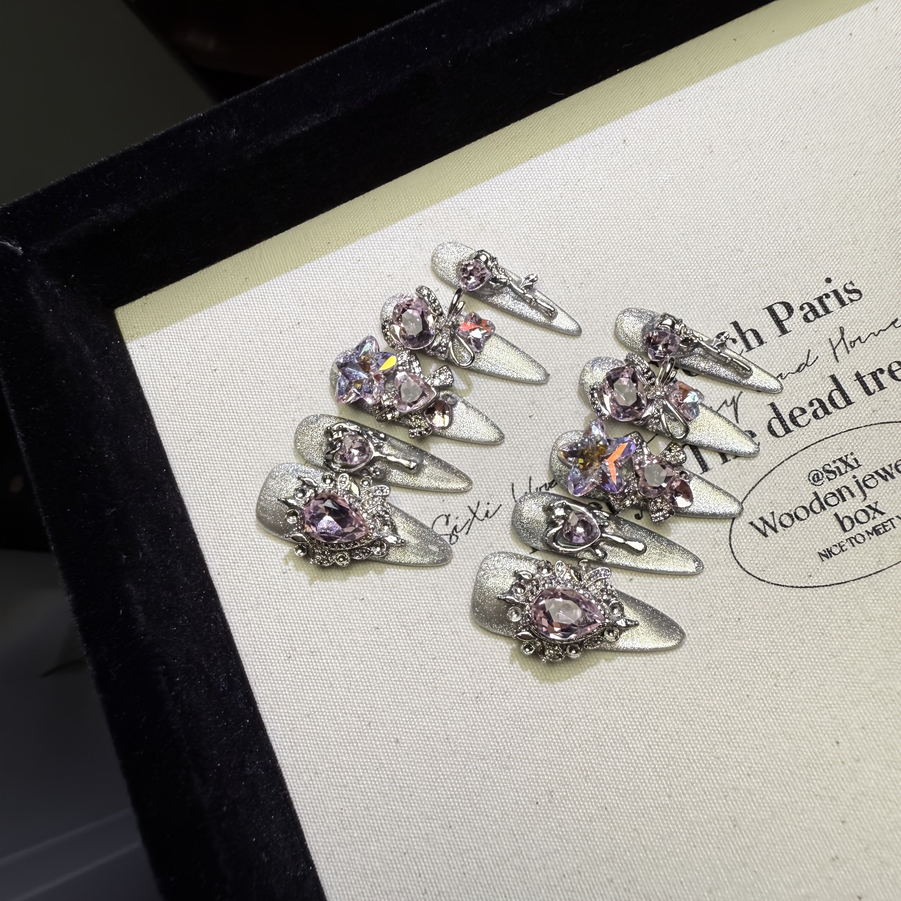 A Set of 10 High-End, Transparent Black And Silvery Cat-Eye Long Nail Tips Made with Pure Handcraft