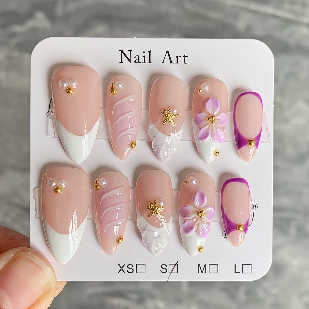 10pcs Temperament Purple Carved Pure Hand Wearable Nail Painted Shell Pattern Nail Patches, Reusable