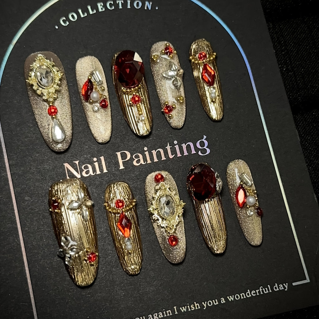 10pcsHandmade Wearing Armor, Golden Cat Eye Heavy Industry, Red Sparkling Glitter Nail Art