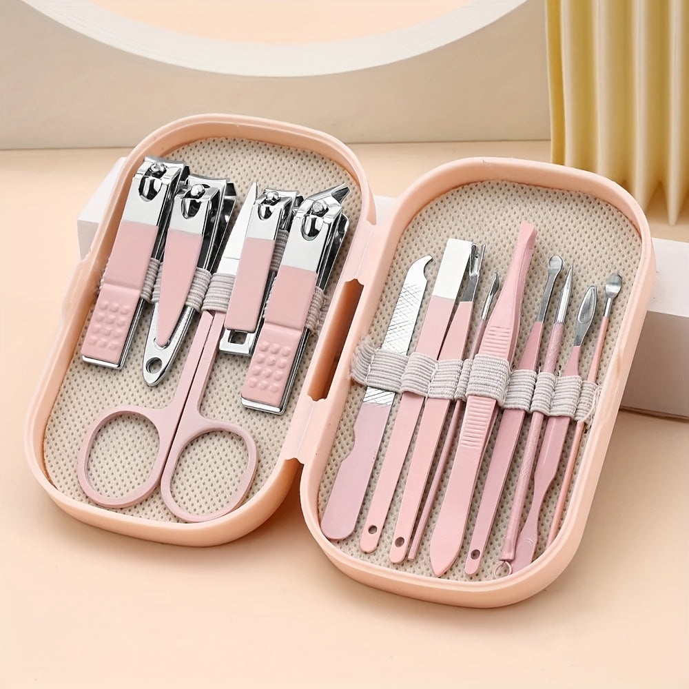 14pcs Luxury Travel-Friendly Manicure & Pedicure Kit with Pink & Blue Stainless Steel Nail Clippers, Ear Scissors